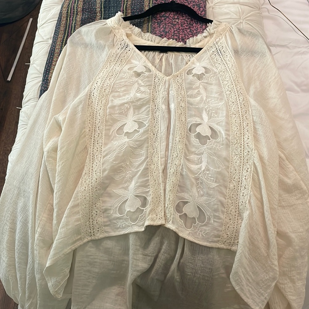 Free people Creme and lace long sleeve sheer top
